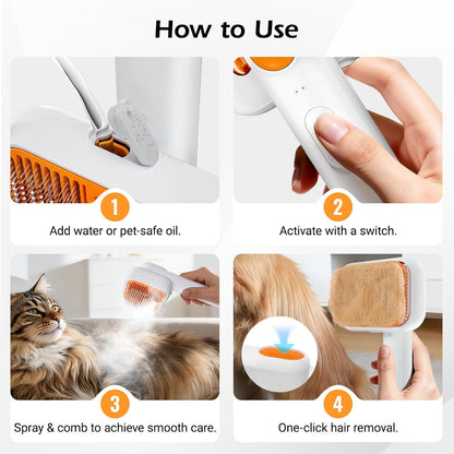 3-In-1 Pet Mist Brush for Dogs & Cats, Self-Cleaning,Rechargeable
