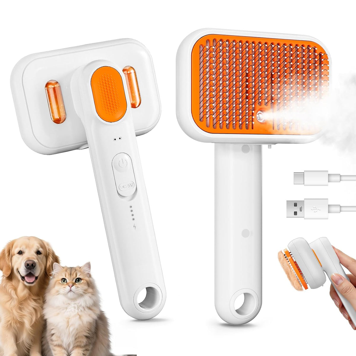 3-In-1 Pet Mist Brush for Dogs & Cats, Self-Cleaning,Rechargeable